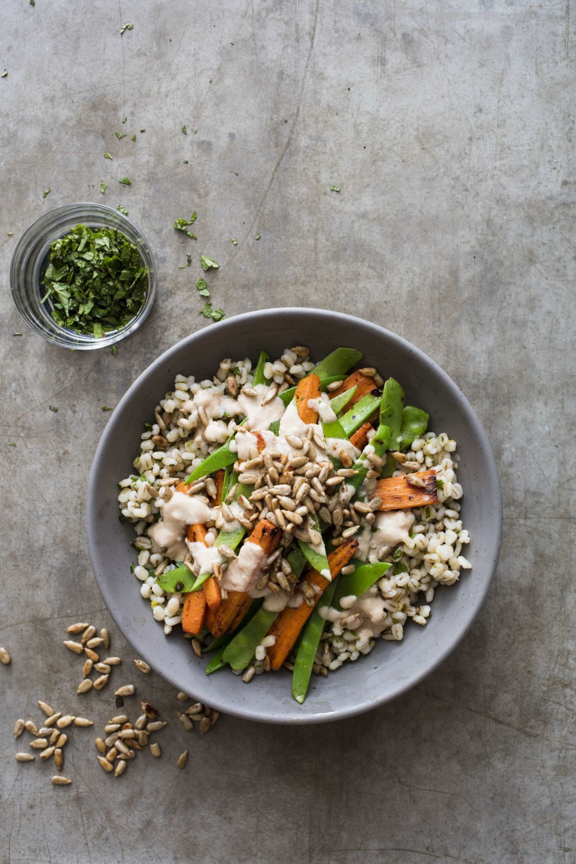 Food Column Barley Bowl with Roasted Carrots and Snow Peas